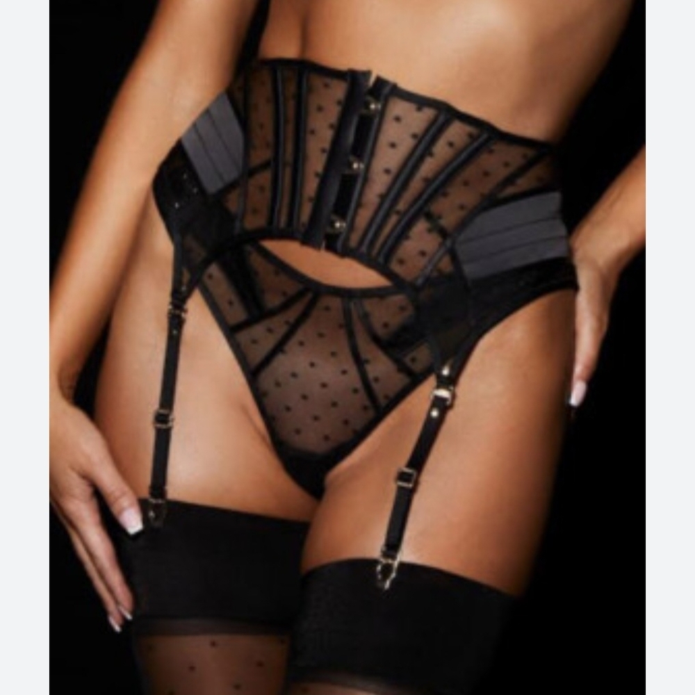 Honey Birdette Black Sheer Polka Dot Garter Belt and Brief Set
